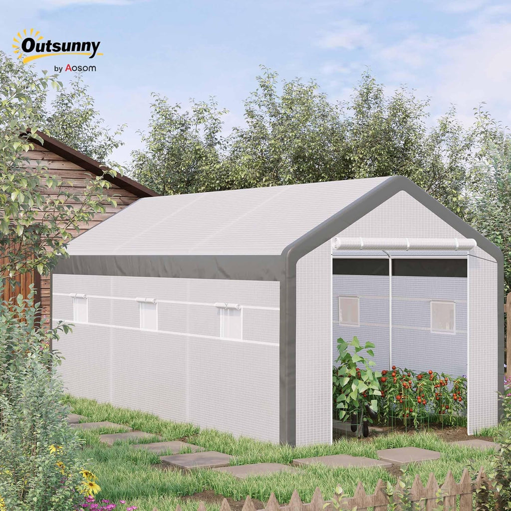 outsunny 20' x 10' x 9' walk-in greenhouse shown in use