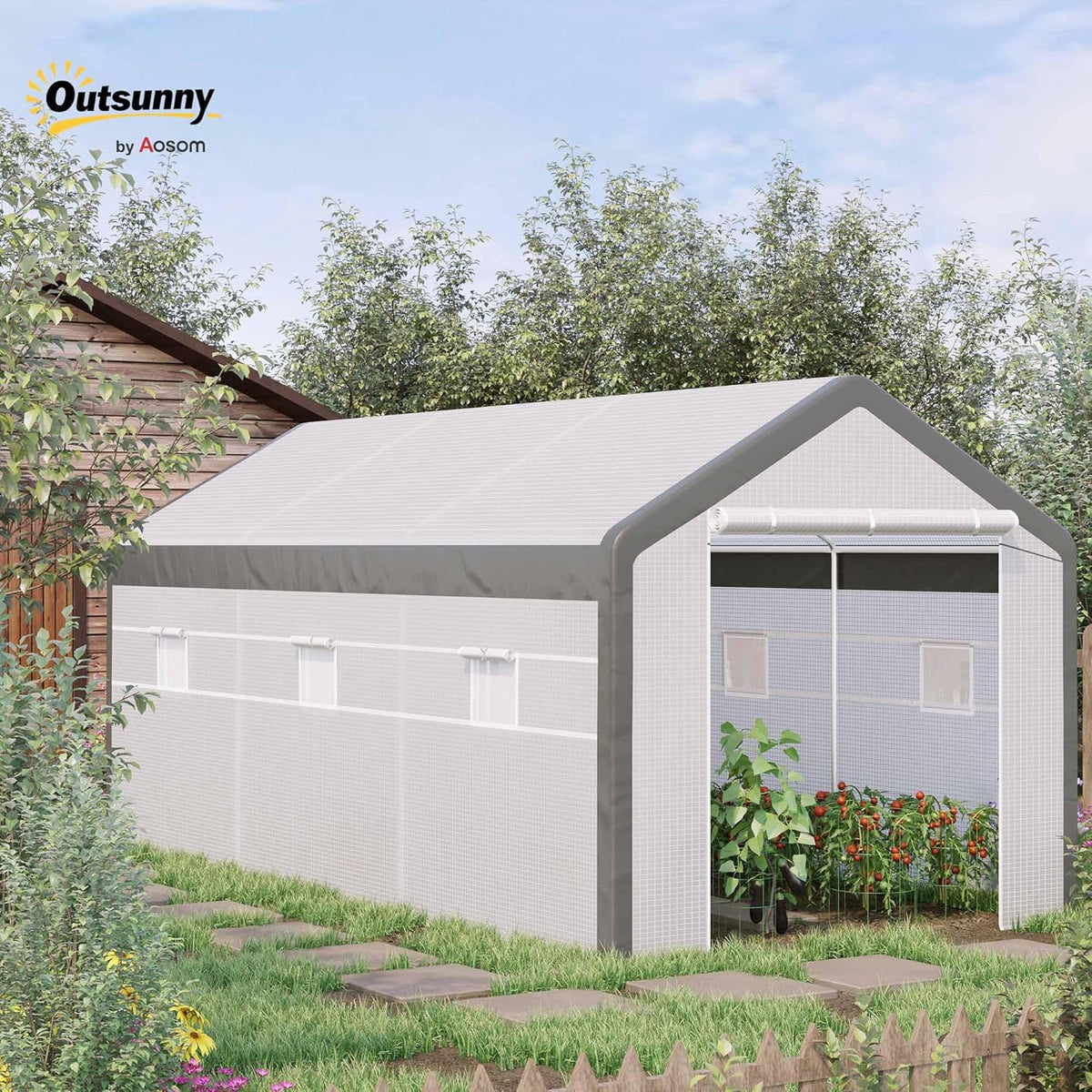 outsunny 20' x 10' x 9' walk-in greenhouse shown in use