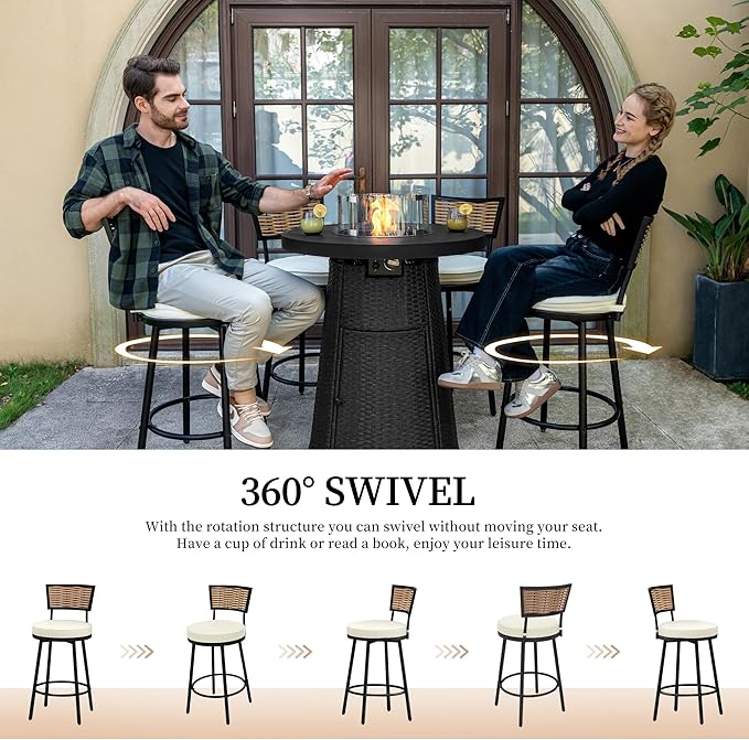 PIZZELLO 3-Piece Patio Swivel Bar Set with 37" Height Propane Round Firepit Table and High Swivel Stools Chair Set of 2, Outdoor High Top Bistro Set for Poolside, Garden, Balcony(Black)