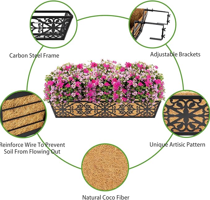 6 Pack 30 Inch Window Boxes Planters Railing Planter Box with Adjustable Brackets & Coco Liners Fabric Plant Grow Bags Deck Railing Planter Boxes Balcony Hanging Flower Box for Outdoor Plants