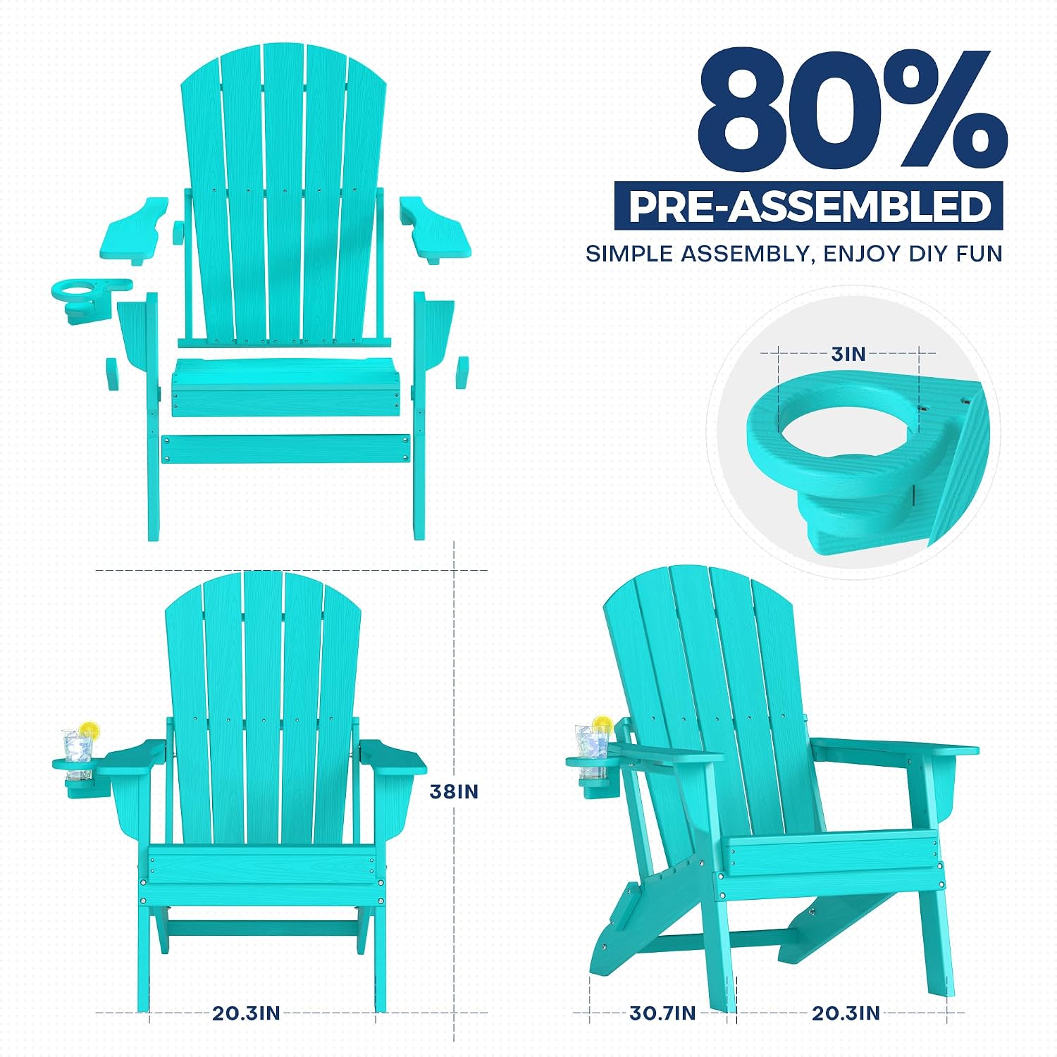 HDPE 3-Piece Folding Adirondack Chair Set, Aruba Blue | 38" Extra Tall Back & Embossed Wood Grain, Oversized HDPE Patio Furniture with Side Table & Cup Holders, All Weather