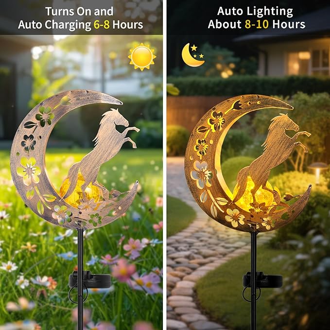 Solar Lights Outdoor Waterproof - Moon & Horse Landscape Lighting, Weatherproof SolarGarden Stakes with 8-10H Auto On/Off, Decorative Pathway Markers for Driveway/Walkway/Equestrian Farms