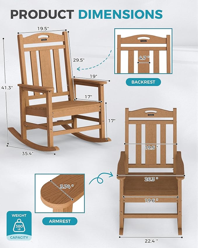 Ciokea Oversized Outdoor Rocking Chairs Set of 3, 380lbs Heavy-Duty Large Patio Rocker, High Back Cozy Porch Chairs, Weather Resistant Patio Rocking Chairs for Outside, Fire Pit, Deck, Teak