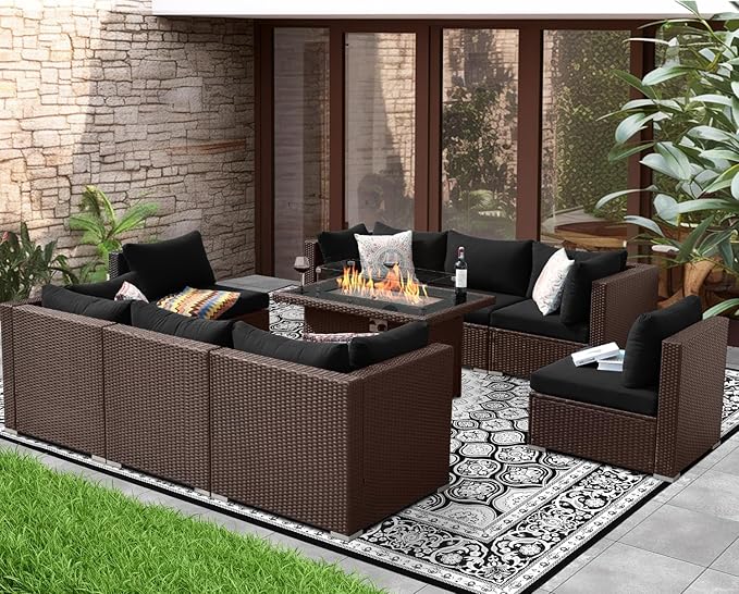 NICESOUL Large Size Patio Furniture Set with Fire Pit Natural Gas/Propane, 29.3'' High Backrest Luxurious Outdoor Modular Sofa Set, 9 Piece Heavy Duty Conversations, Brown Rattan and Black Cushion