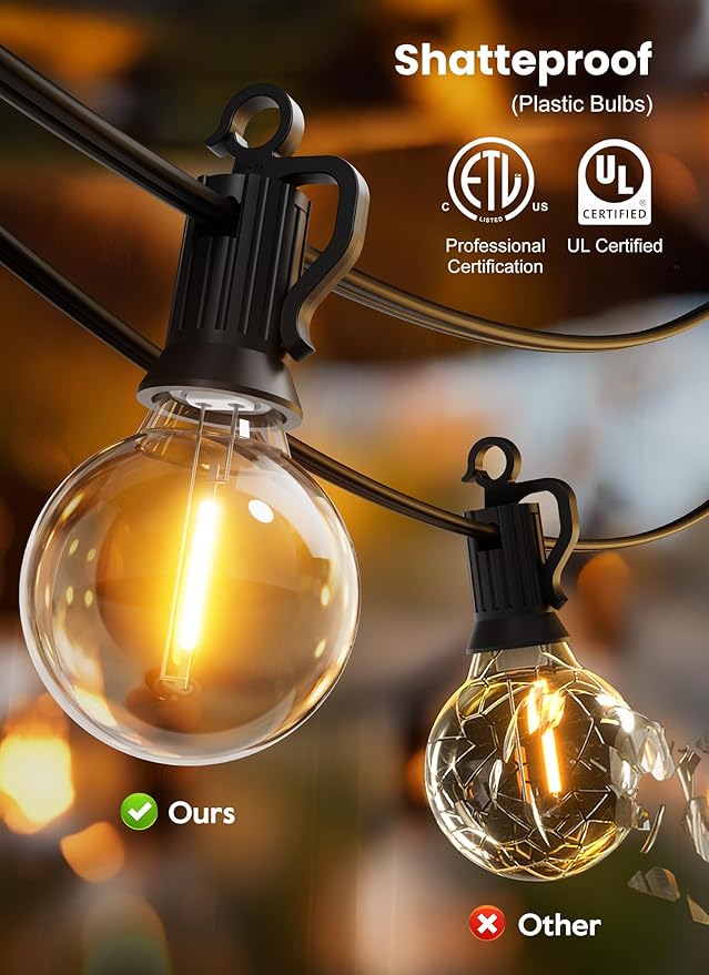 Brightown Outdoor String Lights, 200FT 100+2 G40 Bulbs Shatterproof Patio Lights, IP65 Waterproof Dimmable Hanging Connectable Globe LED Outdoor Lights for Backyard, Bistro, Porch, Deck, Balcony