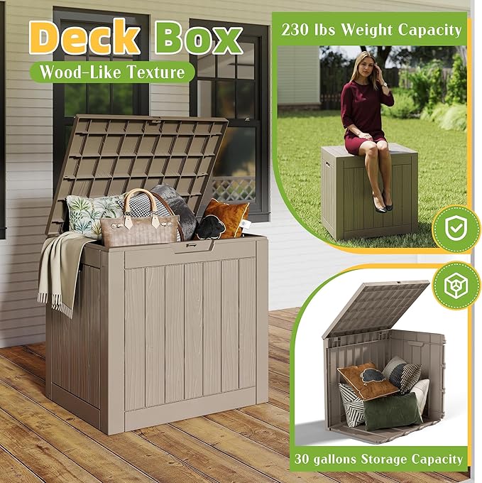 30 Gallon Outdoor Storage Box Weather Resistant UV Protection Waterproof Resin Deck Box for Garden, Patio, Porch, Delivery(Gray，30 Gallon)
