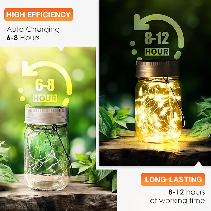 GIGALUMI Solar Mason Jar Lights, 8 Pack 30 Led String Fairy Lights Garden Lights Outdoor Waterproof Hanging Solar Lanterns for Outdoor, Garden, Patio, Lawn, Balcony Decoration