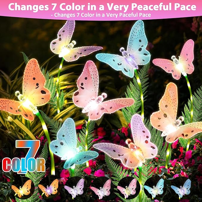 Solar Garden Lights 4 Pack Waterproof Decorative Solar Lights Outdoor with Glowing Stems,7-Color Changing ‎Fiber Optic Butterfly Light for Outside Yard Lawn Garden Decor, Gifts for Women