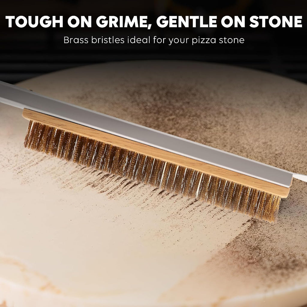 26'' Pizza Brush with Stainless Steel Stone Scraper - Brass Bristles - Wood Handle - Hanging Ring - Outdoor Pizza Oven Accessory - Compatible with Ooni, Gozney, Blackstone, Solo Stove Ovens