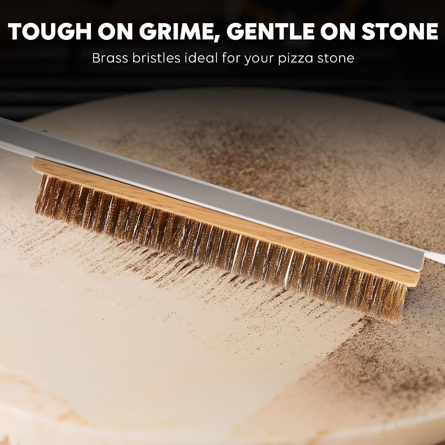 26'' Pizza Brush with Stainless Steel Stone Scraper - Brass Bristles - Wood Handle - Hanging Ring - Outdoor Pizza Oven Accessory - Compatible with Ooni, Gozney, Blackstone, Solo Stove Ovens