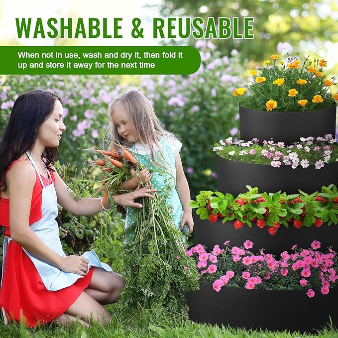 4 Pcs Plant Grow Bags 4 Tiered Strawberry Planter Tower Fabric Raised Garden Beds, 39 Inch Nonwoven Strawberry Pyramid Planter for Vegetables Flower Herbs Gardening Outdoor Growing (Black)