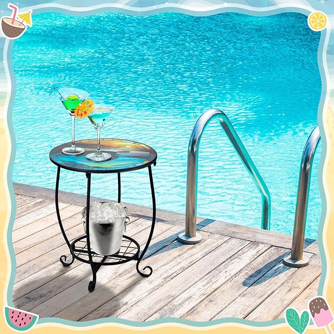 Outdoor Side Table Round Small Mosaic Patio Accent Indoor End Plant Coffee Tea Table for Yard Patio Porch Garden Living Room, Bedroom(Turtle Style,16 Inch)