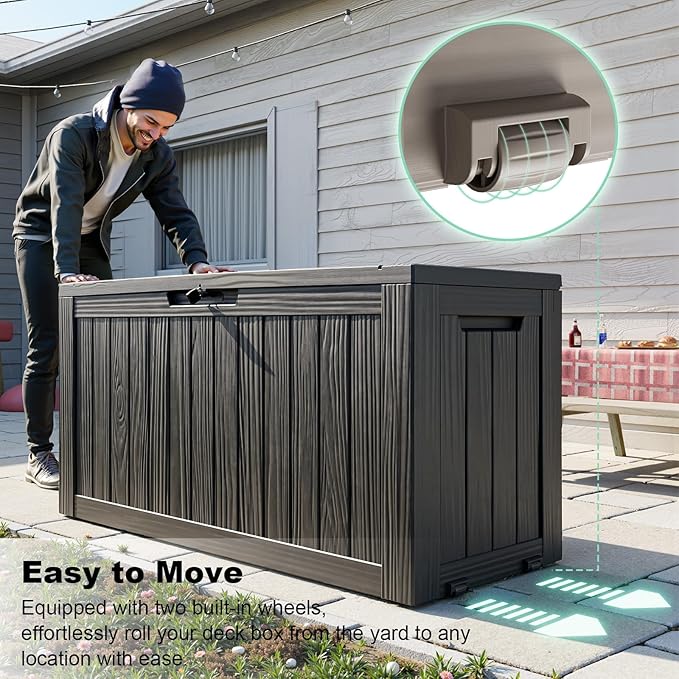 EasyUp 90 Gallon Outdoor Deck Box Waterproof, UV Resistant Resin Outdoor Storage Box for Delivery, Porch, Patio and Garden, Black