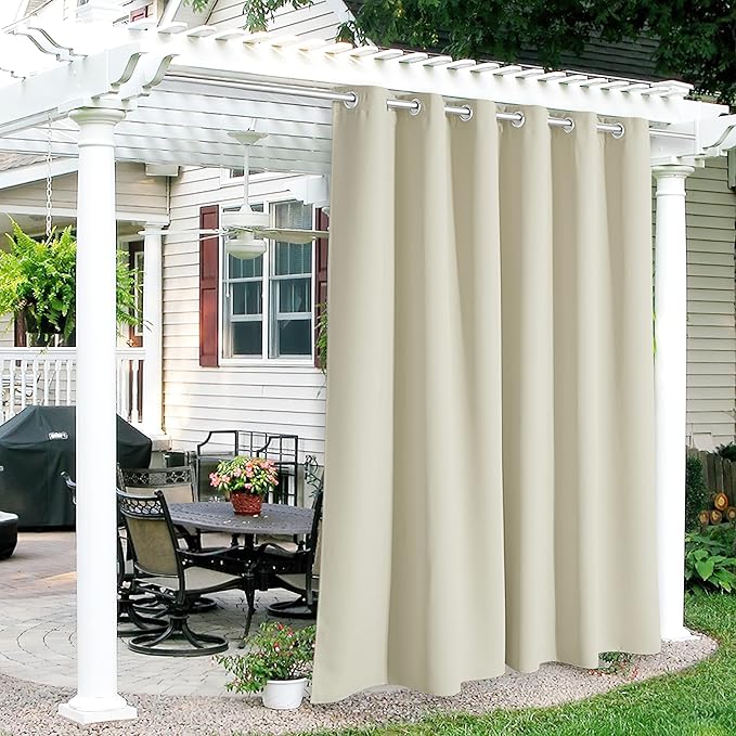 RYB HOME Outdoor Patio Curtains, Rustproof Grommet Window Covering Harsh Sunlight & UV Ray Block Drapes Room Darkening Draperies for Porch Deck Cottage, W84 x L84 inch, Beige, 1 Panel