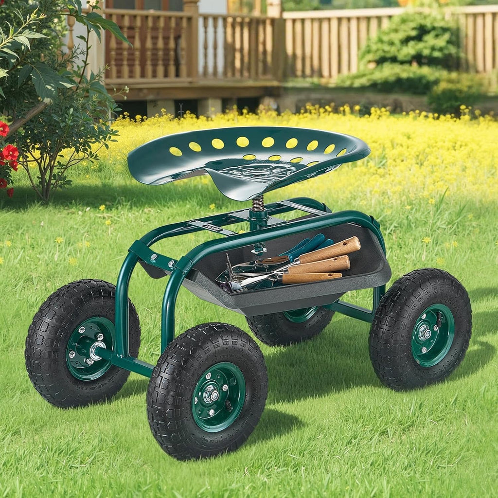 vevor rolling garden cart with swivel seat, heavy, front angle view