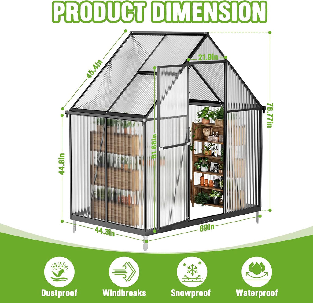 6x4ft polycarbonate green house with roof vent, large, close-up detail