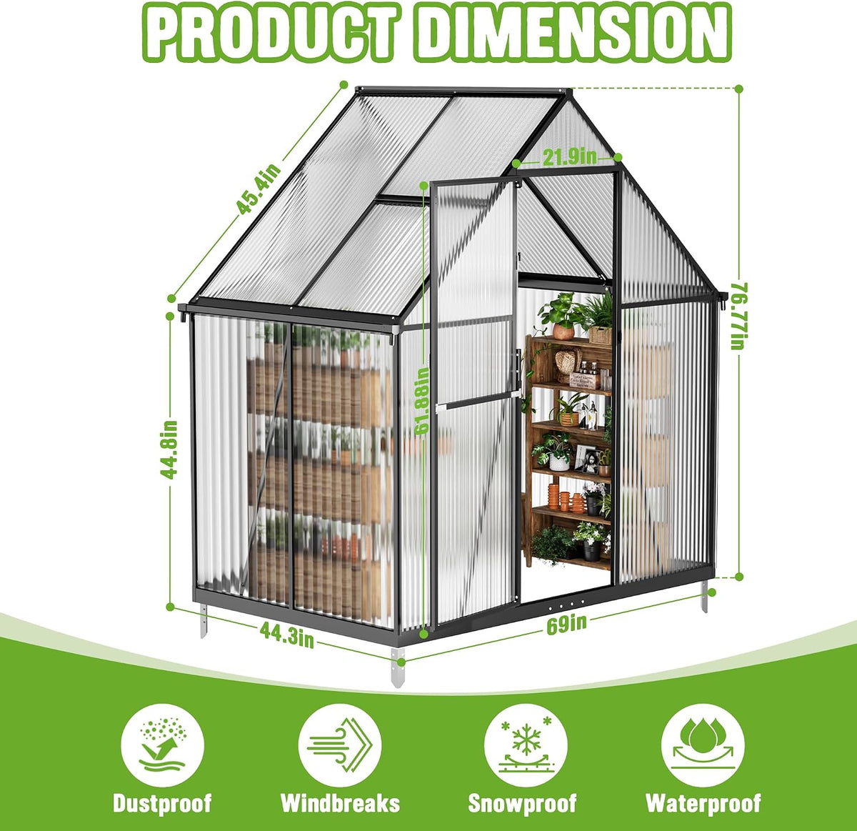 6x4ft polycarbonate green house with roof vent, large, close-up detail