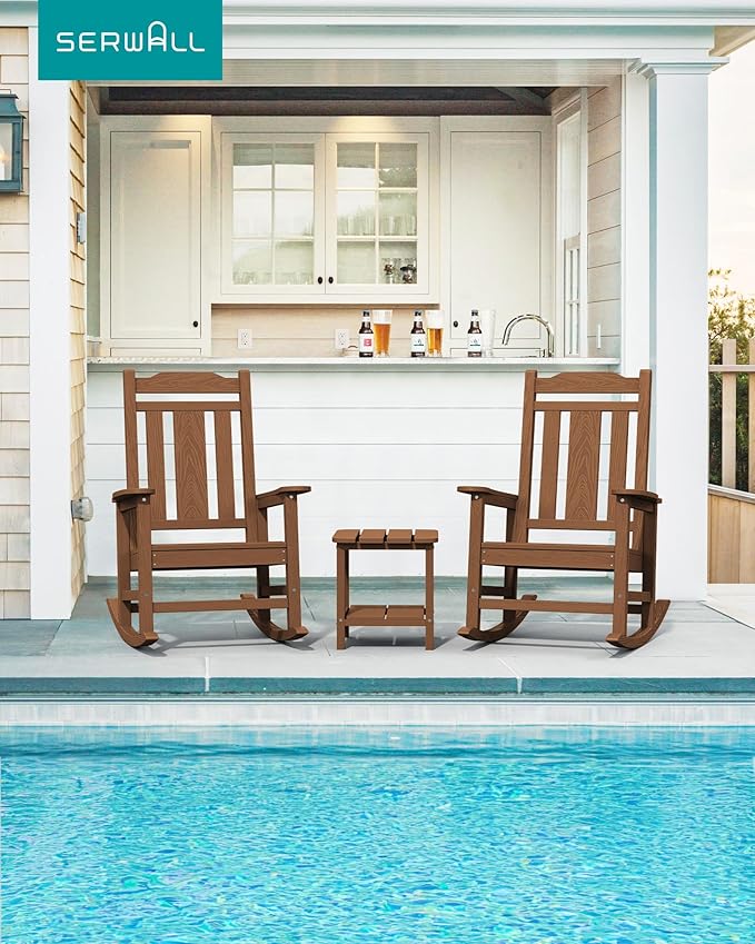 SERWALL Outdoor Rocking Chair Brown Set of 8, All Weather Patio Rocking Chair, HDPE Poly Rocking Chair for Adults, Heavy Duty Front Porch Rocker