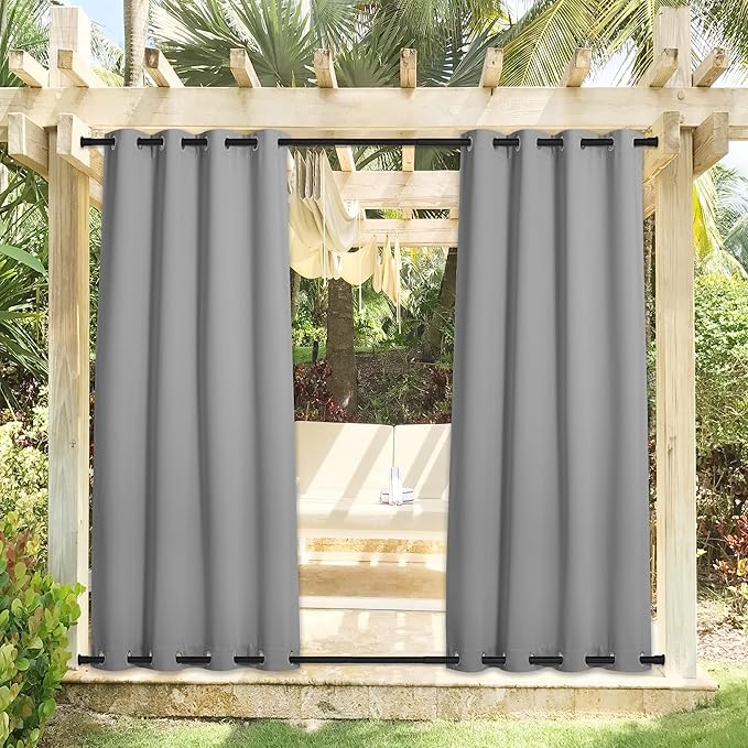 NICETOWN 2 Panels Sliver Grey Blackout Outdoor Curtains for Patio Waterproof 84" Long, Top and Bottom Rustproof Grommet Heavy Weight Windproof Drapes, Keep Privacy for Porch, W52 x L84