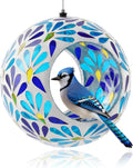 VOREEN Mosaic Glass Bird Feeder, Handcrafted Hanging Fly-Through Feeder for Outdoor Garden & Backyard, Decorative Wild Bird Feeder with Steel Wire Cable – Cool Blue Leaf Mosaic Style