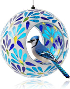 VOREEN Mosaic Glass Bird Feeder, Handcrafted Hanging Fly-Through Feeder for Outdoor Garden & Backyard, Decorative Wild Bird Feeder with Steel Wire Cable – Cool Blue Leaf Mosaic Style