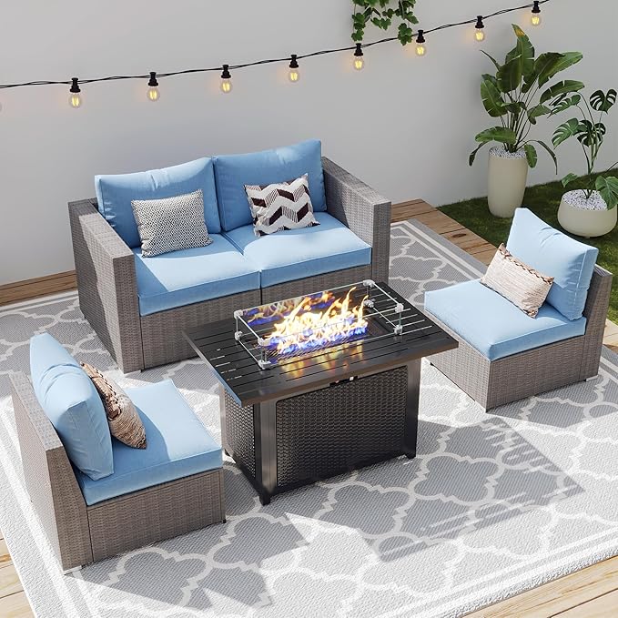 Wisteria Lane Patio Furniture Set, 2 Pieces Wicker Outdoor Furniture Patio Couch with Washable Cushions, Oversized Outdoor Sectional for Garden, Poolside, Backyard, Blue