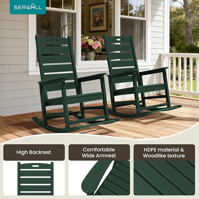 SERWALL Outdoor Rocking Chair Set of 2, Oversized Rocking Chair with Footboard for Adults, HDPE All Weather Resistant Rocking Chairs for Patio, 350lbs Weight Capacity,Green
