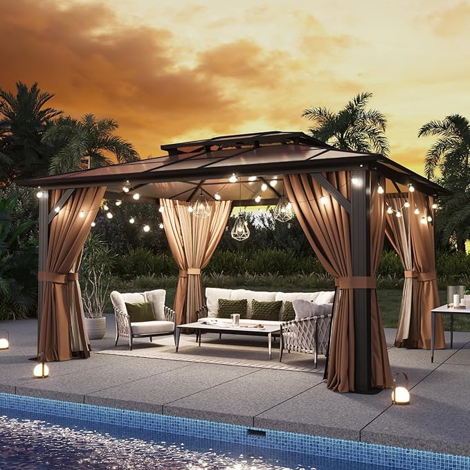 Aoxun 12'x14' Hardtop Gazebo with Double Polycarbonate Roof, Aluminum Frame Permanent Pavilion Includes Netting & Curtains for Patio, Lawn & Garden (Khaki)