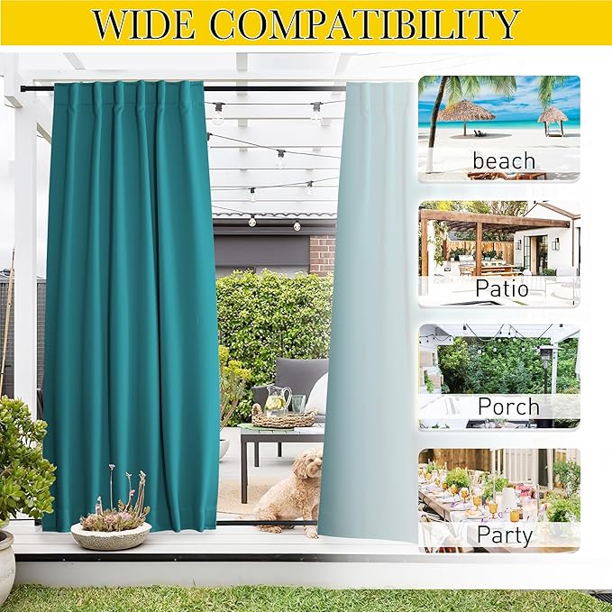 NICETOWN 2 Panels Outdoor Curtains Waterproof Pocket & Back Tab on Top & Bottom, Thermal Insulated Windproof Sun Blocking Outside Privacy Drapes for Patio with Fixed Rope, W52 x L84, Peacock Teal