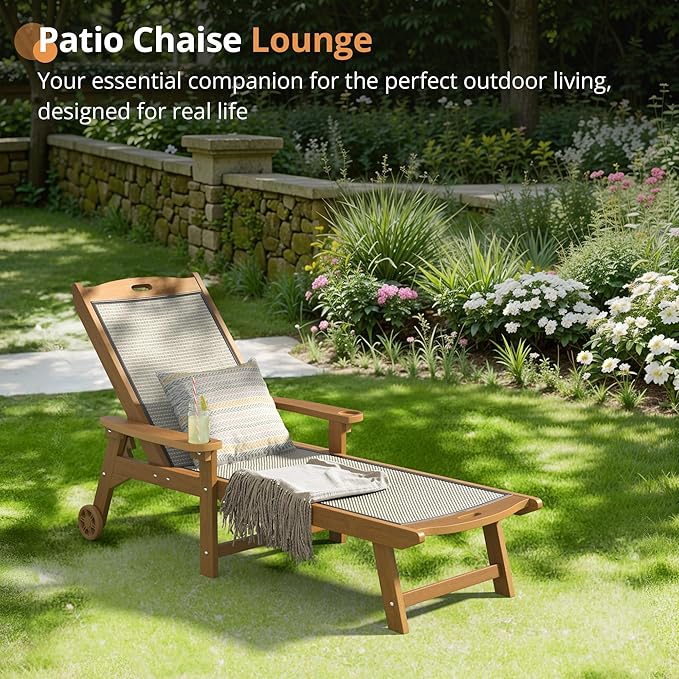 LUE BONA Chaise Lounge Chair Outdoor Set of 4, HDPS and HDPE Wicker Material, Patio Lounge Chair with Adjustable Backrest, Resin Pool Lounge Chairs with Wheels for Backyard, Poolside and Deck