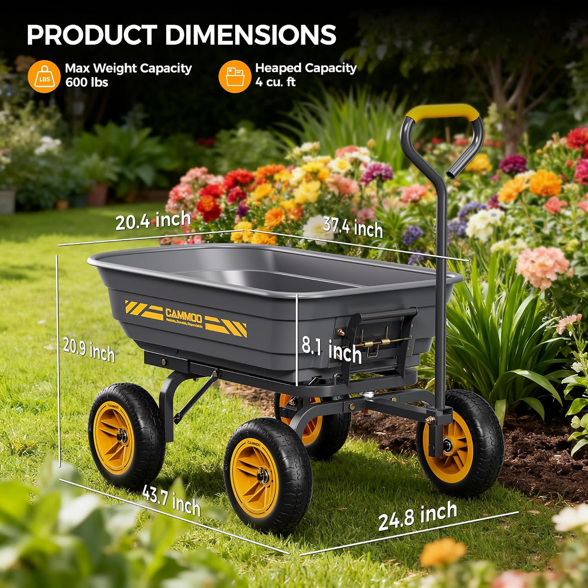 cammoo 10-in no-flat tires 600lb garden dump cart shown in use