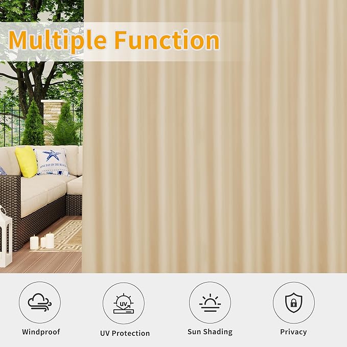 Easy-Going Outdoor Patio Curtains Detachable Tab Top Windproof Weatherproof Curtain for Cabana, Porch, Pergola and Gazebo, Tab Bottom Drape, 2 Panels, 110W x 84L inch, Beige