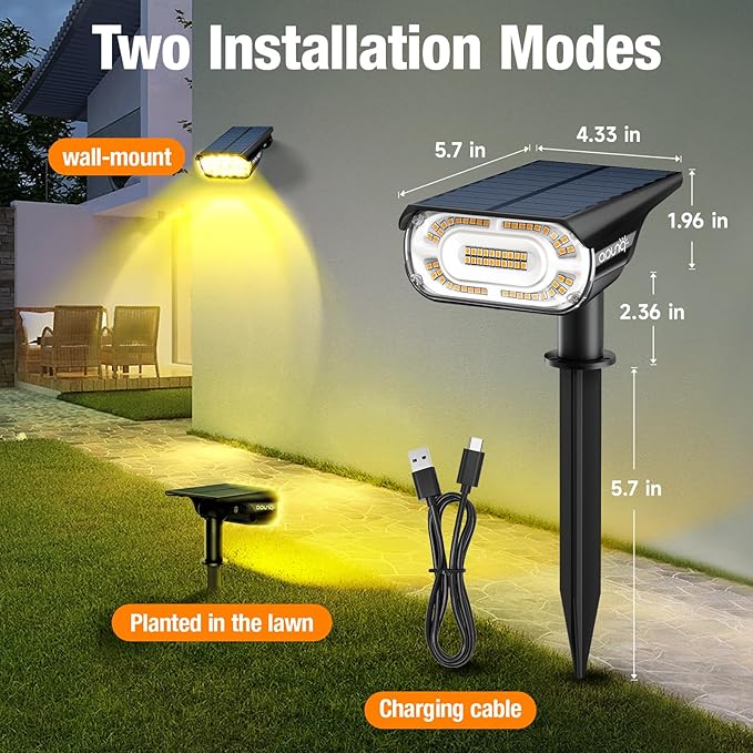 2 Pack Solar Spot Lights Outdoor 1000 Lumens, 64 LEDs IP67 Waterproof Landscape Lighting with 4 Modes - 2-in-1 Solar Spotlight & Pathway Light for Garden, Yard, Patio Decor, Warm White