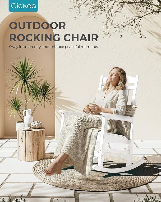 Ciokea Oversized Outdoor Rocking Chair, 380lbs Heavy-Duty Large Patio Rocker, Weather Resistant & Anti-Fade Porch Chair, High Back Cozy Rocking Chair for Outside, Fire Pit, Deck, Garden, White