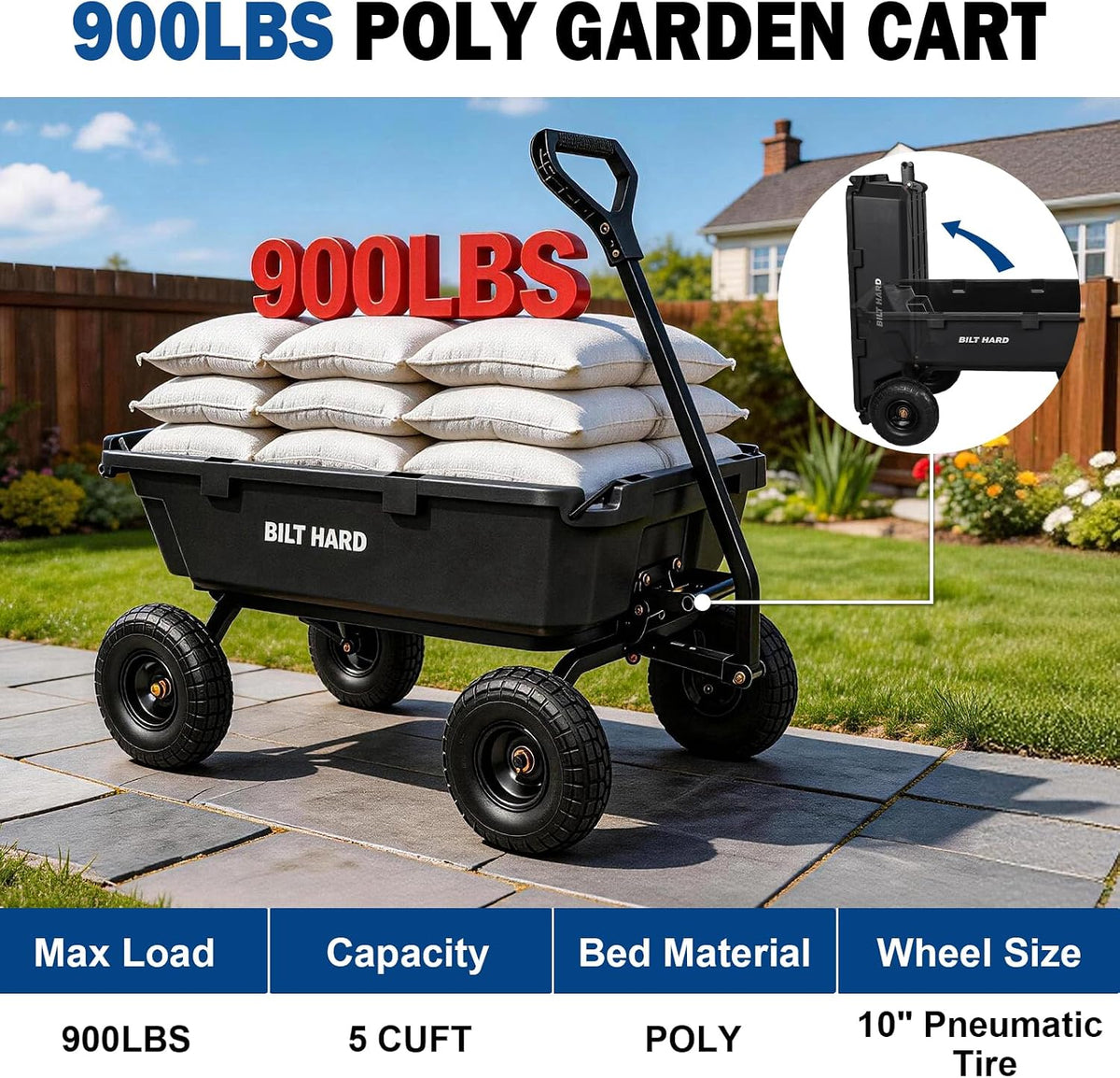 bilt hard 900 lbs poly garden dump cart shown in use