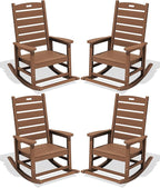 SERWALL Outdoor Rocking Chair Set of 4, Oversized HDPE Patio Rocking Chair with Footrest for Adults, All Weather Porch Rocker for Deck Patio Balcony, Brown