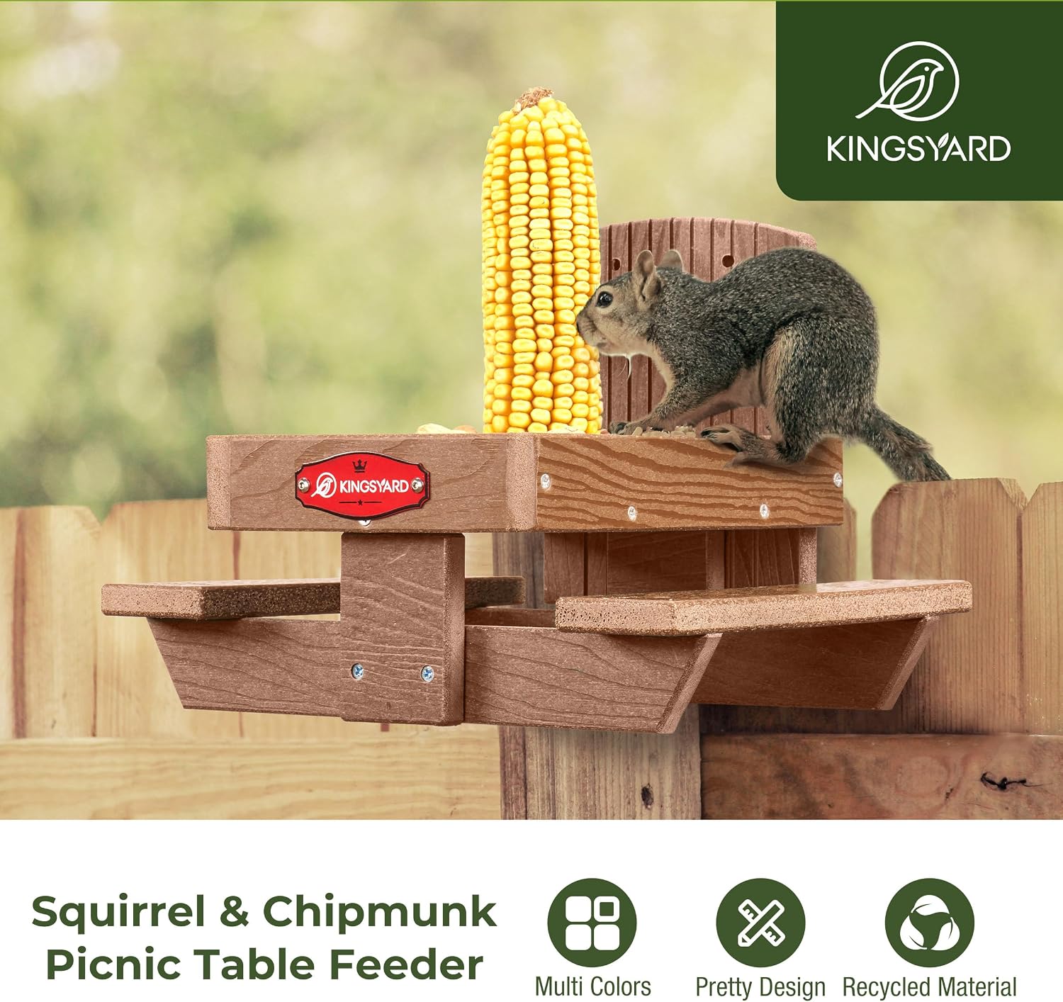 Kingsyard Squirrel Feeder Table for Outside, Recycled Plastic Squirrel & Chipmunk Picnic Table Feeder with Corn Cob Holder, 2 x Solid Structure Benches, Easy to Clean (Brown) | WPC Composite Squirrel & Chipmunk Picnic Table Feeder with Corn Cob Holder, 2