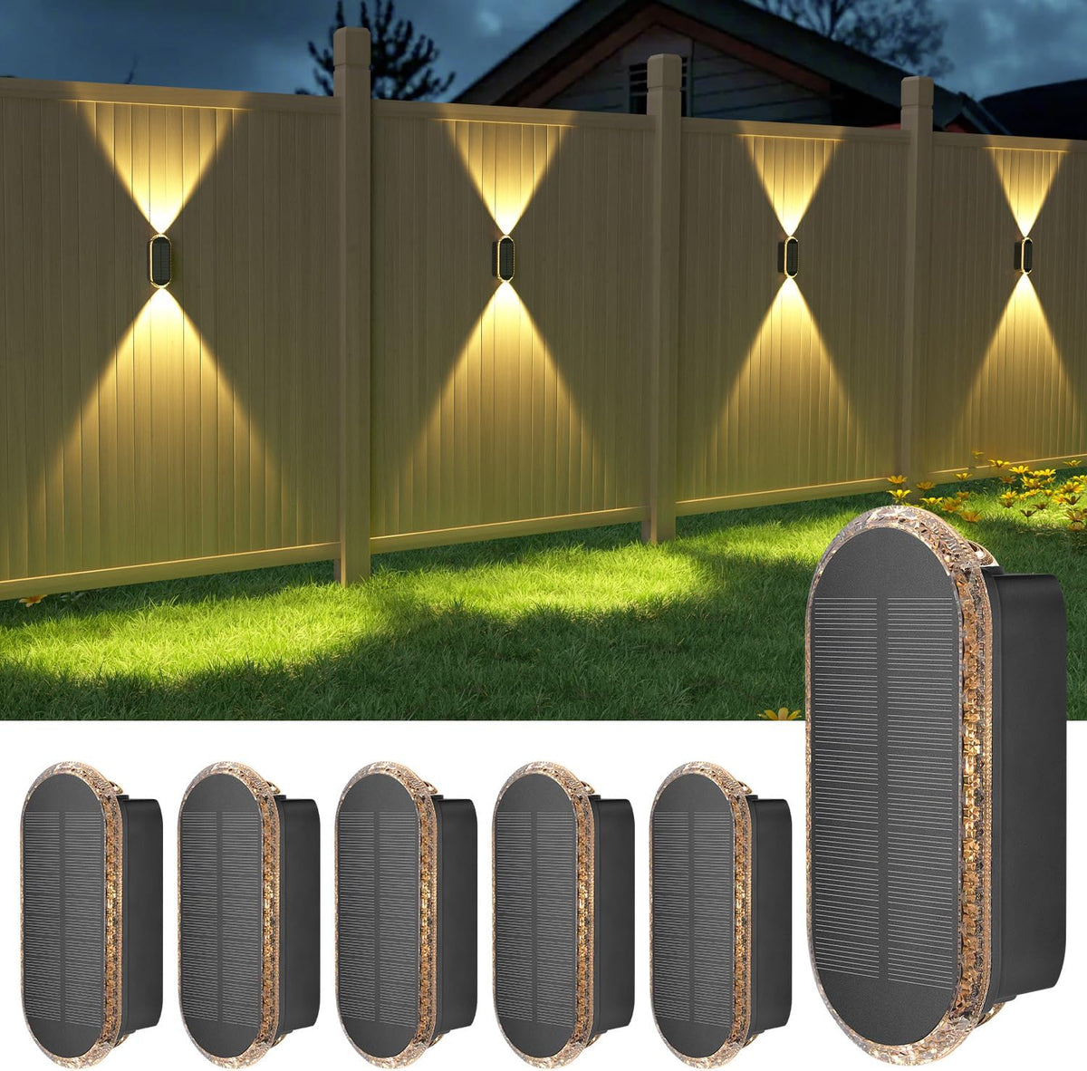 ellasay solar fence lights outdoor: 6-pack solar powered, main product view