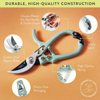 Modern Sprout Bypass Hand Pruners - Scissors - Gardening Tools - Sage | Lightweight Pruning Tool W/ Easy-Lock - Sharp Bypass Carbon Steel Blade - Rust-Resistant - Reusable Holster for Storage
