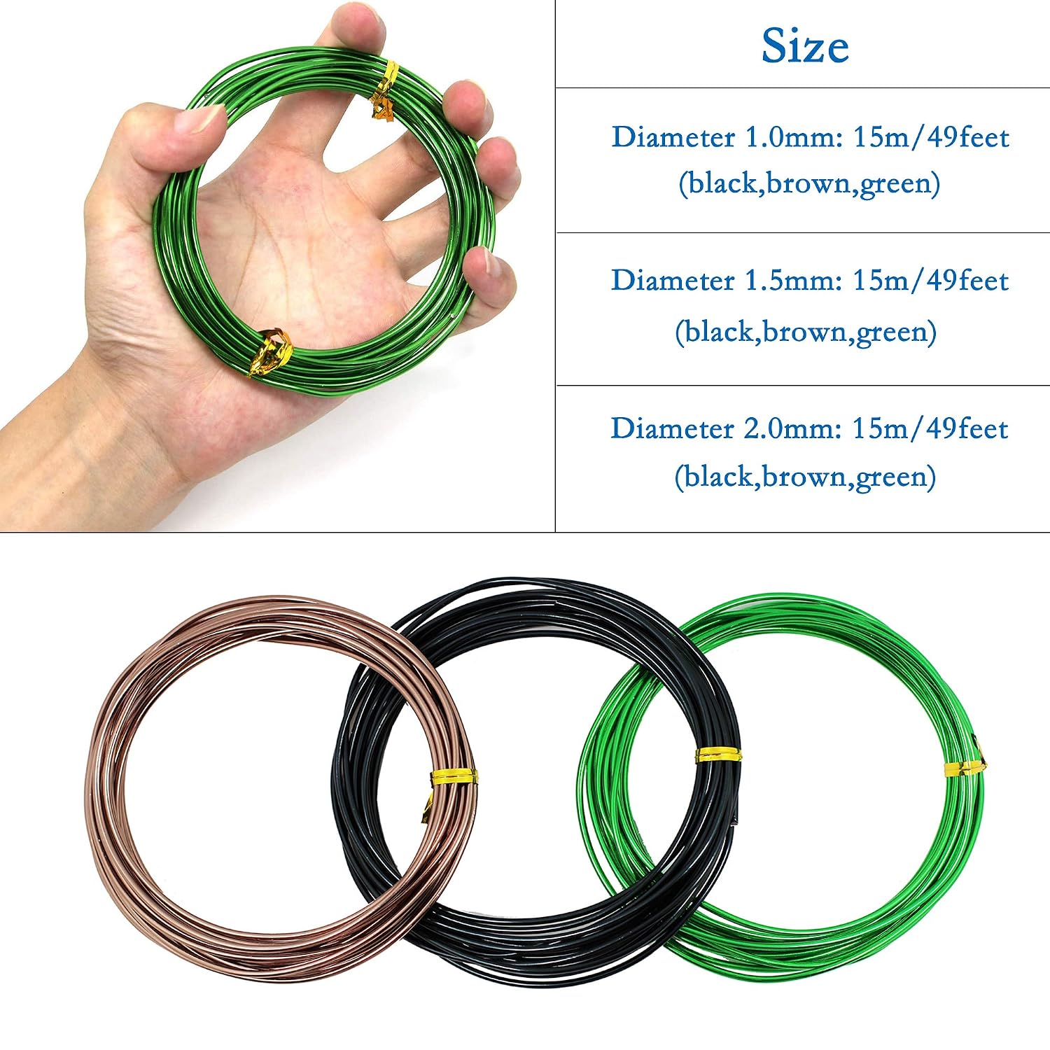 9 Rolls Bonsai Wires, Anodized Aluminum Bonsai Training Wire with 3 Colors (Black, Brown, Green) and 3 Sizes (1.0 mm, 1.5 mm, 2.0 mm), Total 147 Feet