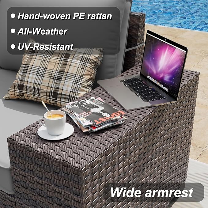 ALAULM 7 Pieces Patio Furniture Set with Fire Pit Table 55000BTU, Oversized Seat/Armrest and High Back Wicker Conversation Set with Thick Cushion for Backyard, Garden, Black
