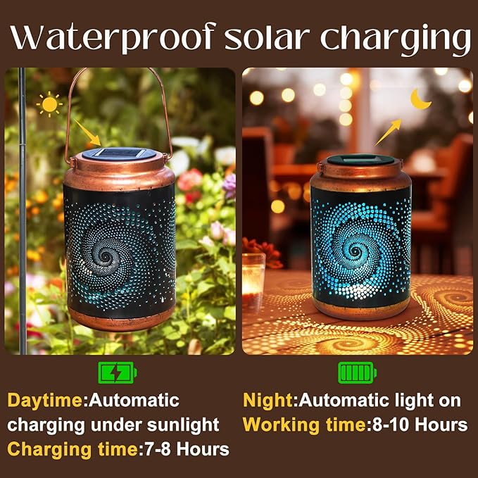 Solar Lanterns Outdoor Hanging Lantern Metal Waterproof LED Lantern with Solar Powered Garden Patio Decorations Decor with Handle Christmas Gift Idea