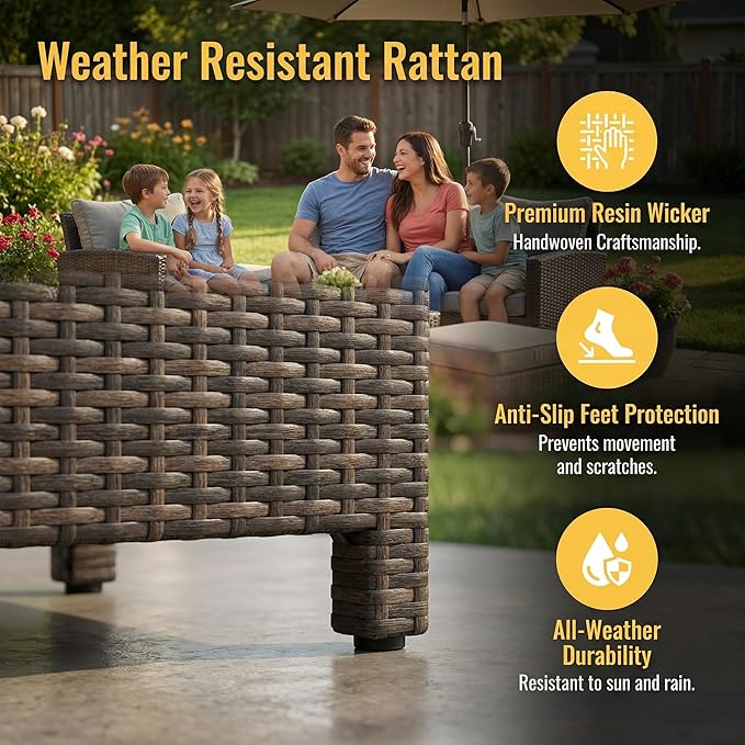 Wisteria Lane 7 Piece Patio Furniture Set, Wicker Patio Sectional with Wide Armrest, All Weather Outdoor Dining Set, Outdoor Furniture Patio Conversation Set with Ottoman, Ash Gray