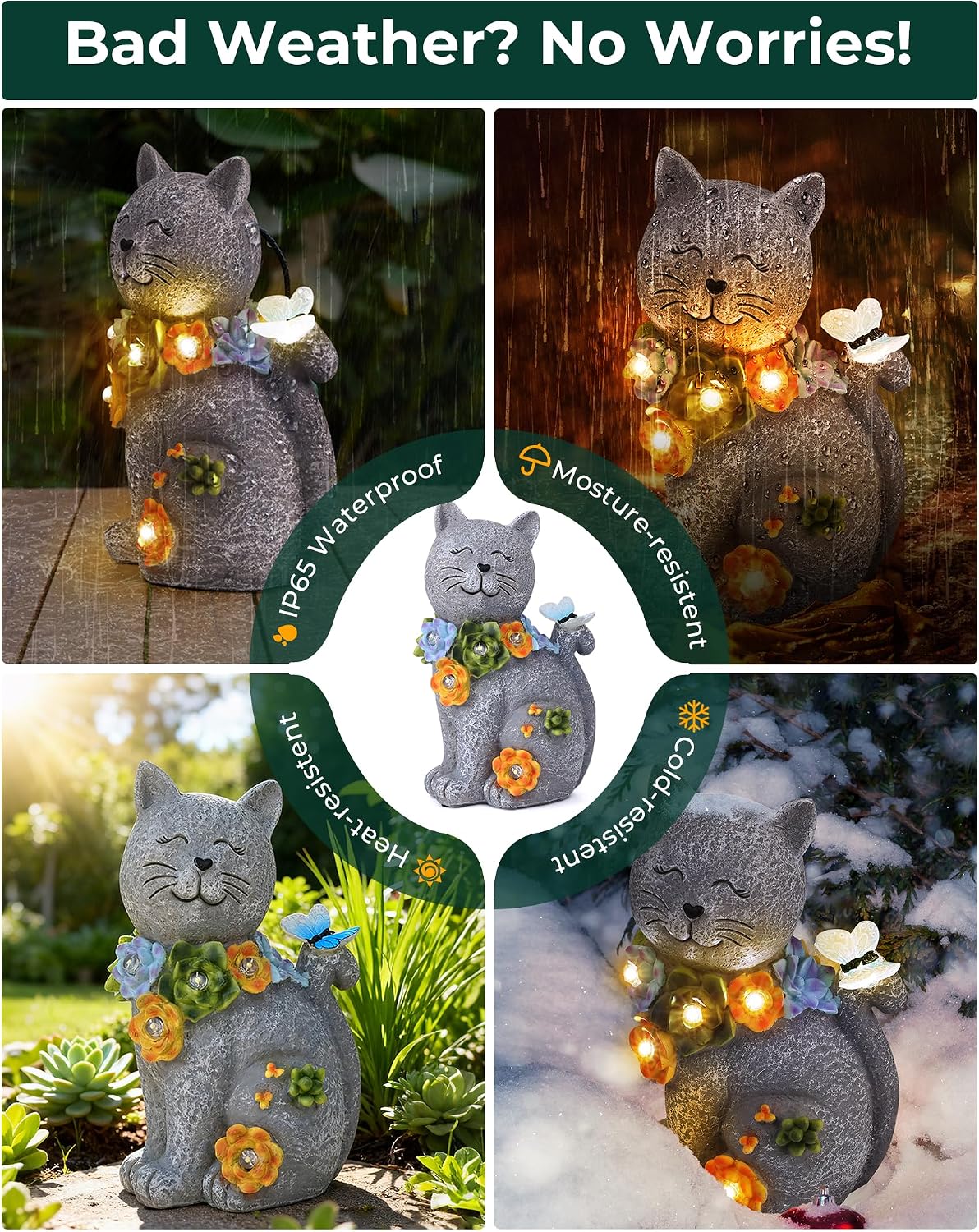 Vuees Solar Garden Statues Outdoor Decor, 6 LED Cat Flowers Butterfly Figurine Lights, Waterproof for Balcony Patio Porch Lawn Yard Ornament Art - Gift Ideas for Housewarming Gardening Grandma Women