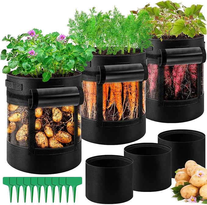 3 Pack 10 Gallon 360° Visibility Potato Grow Bags with Shading Flap, Plant Grow Bags for Growing Potatoes Heavy Duty Thickened Nonwoven Fabric Gardening Vegetable Growing Bags with Harvest Window