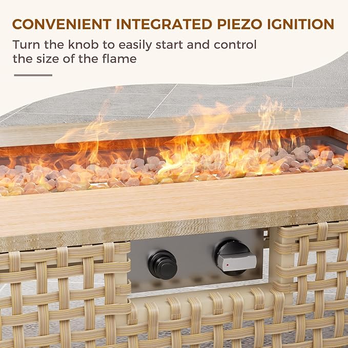 Grand patio 9-Piece Patio Furniture Set with 47" Fire Pit Table, Outdoor Conversation Set & 50,000 BTU 47 Inch Rectangle Propane Fire Pit & Storage Box with Water Resistant Thick Cushions, Cream