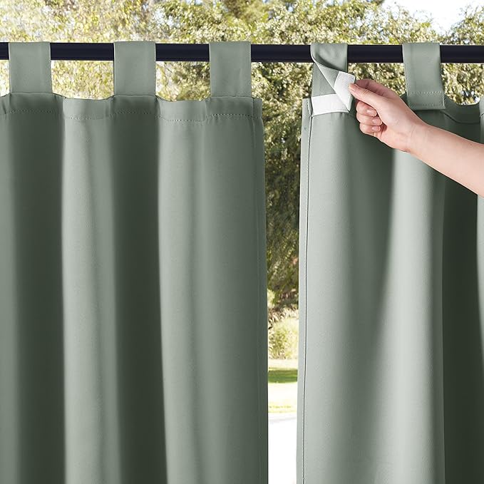 NICETOWN 2 Panels Outdoor Sage Green Curtainss Waterproof for Patio, Detachable Sticky Tab Top Weighted Blackout Sun & Rain Block Window Treatment, Privacy for Gazebo/Porch, W52 x L84
