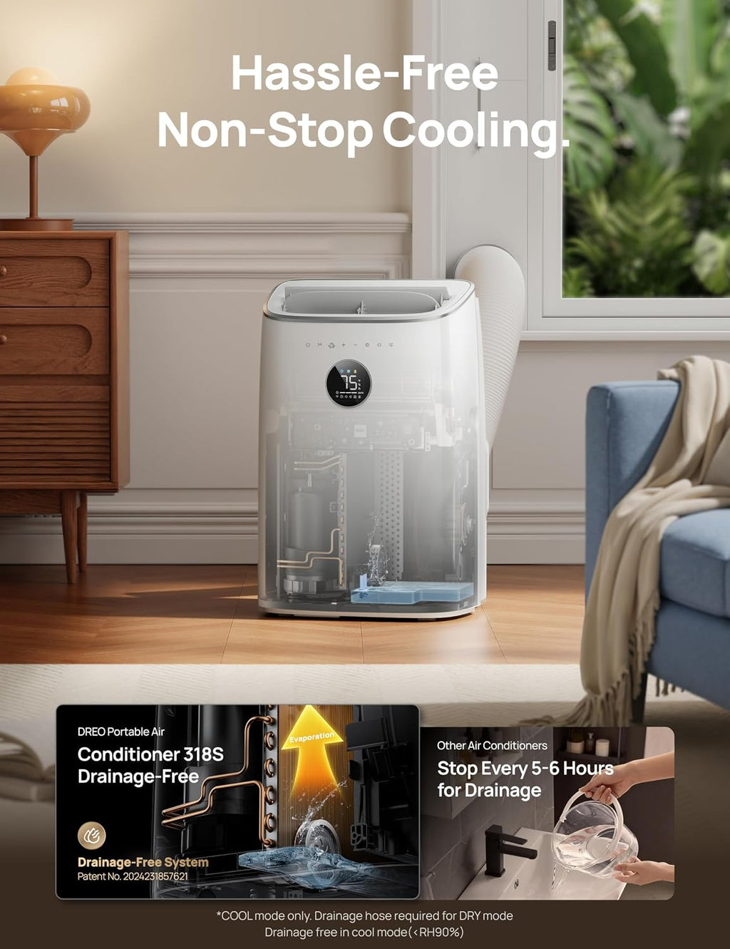dreo portable air conditioner 318s, 8000 btu ashrae showing dimensions