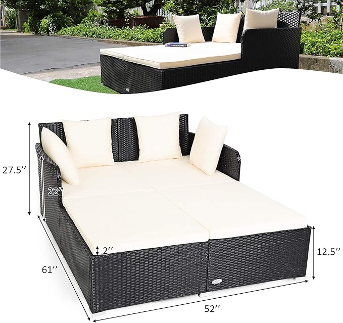 COSTWAY Outdoor Patio Rattan Daybed, Sponge Cushioned Loveseat Sofa with 4 Pillows, Wicker Furniture Sunbed for Balcony, Courtyard (Beige)