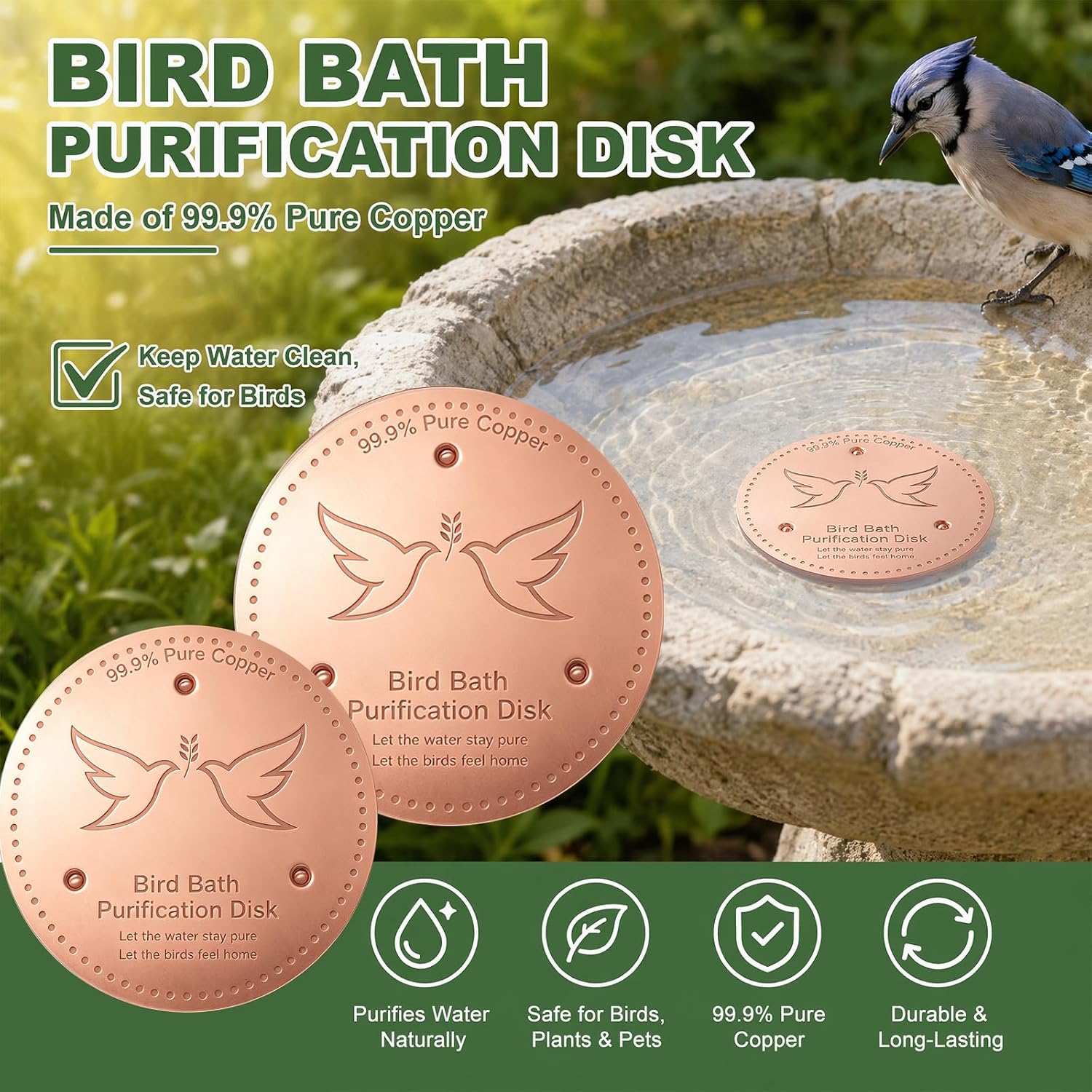 2 Pack Bird Bath Copper Disk, 0.6mm Thick 99.9% Pure Copper Cleaning Disc Plate for Physical Safe Water Purification All-Season for Outdoor Wildlife Bird Bowls Birdbaths Solar
